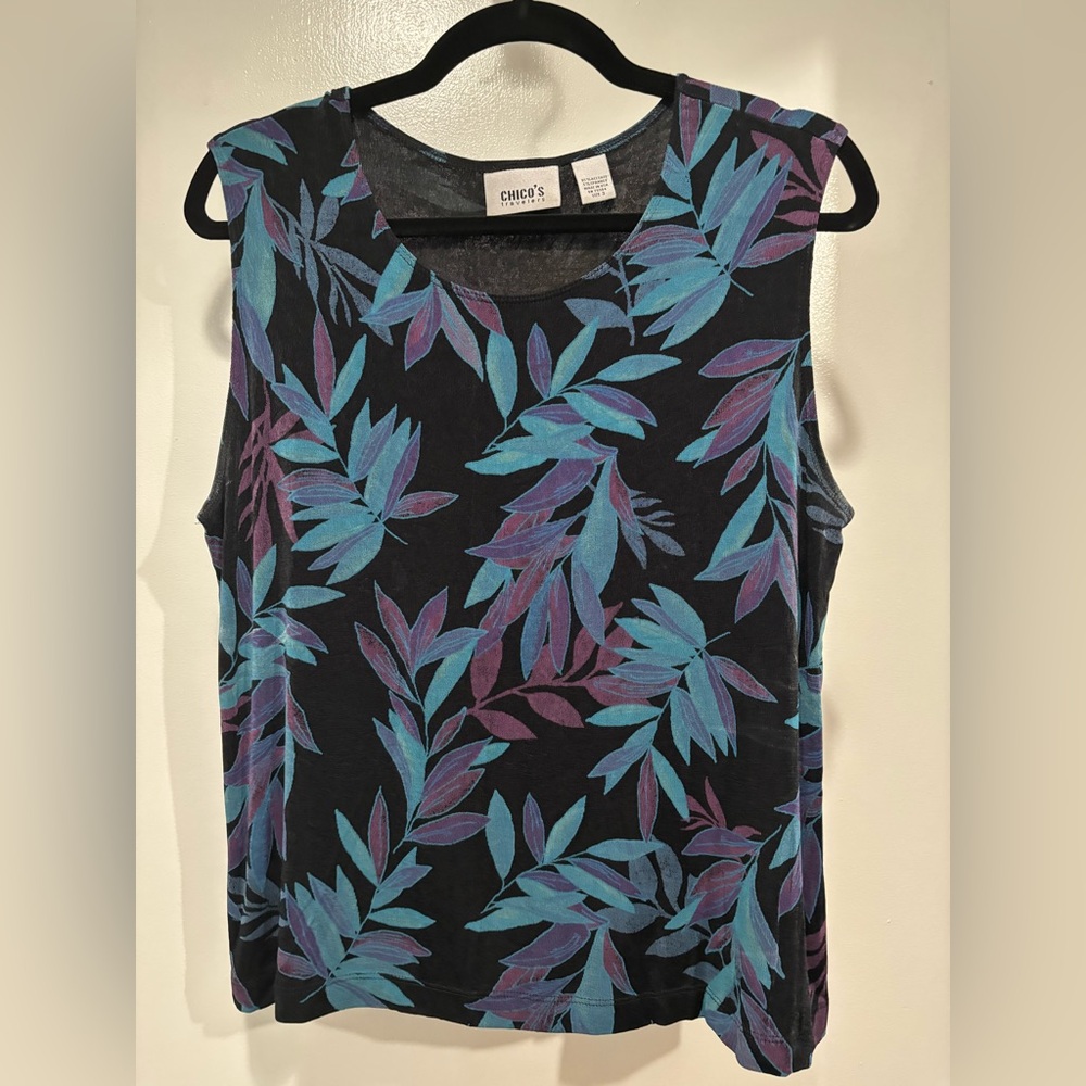 Chico's Black Tank Top with Teal & Purple Leaf Print Size 3